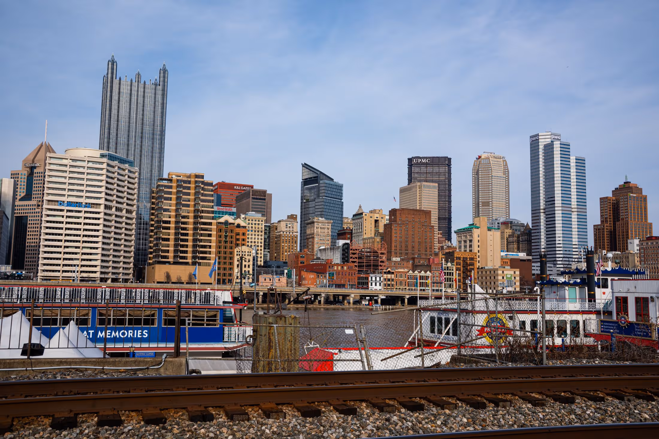 The Pittsburgh skyline seen across the river from the rail line on the South Shore