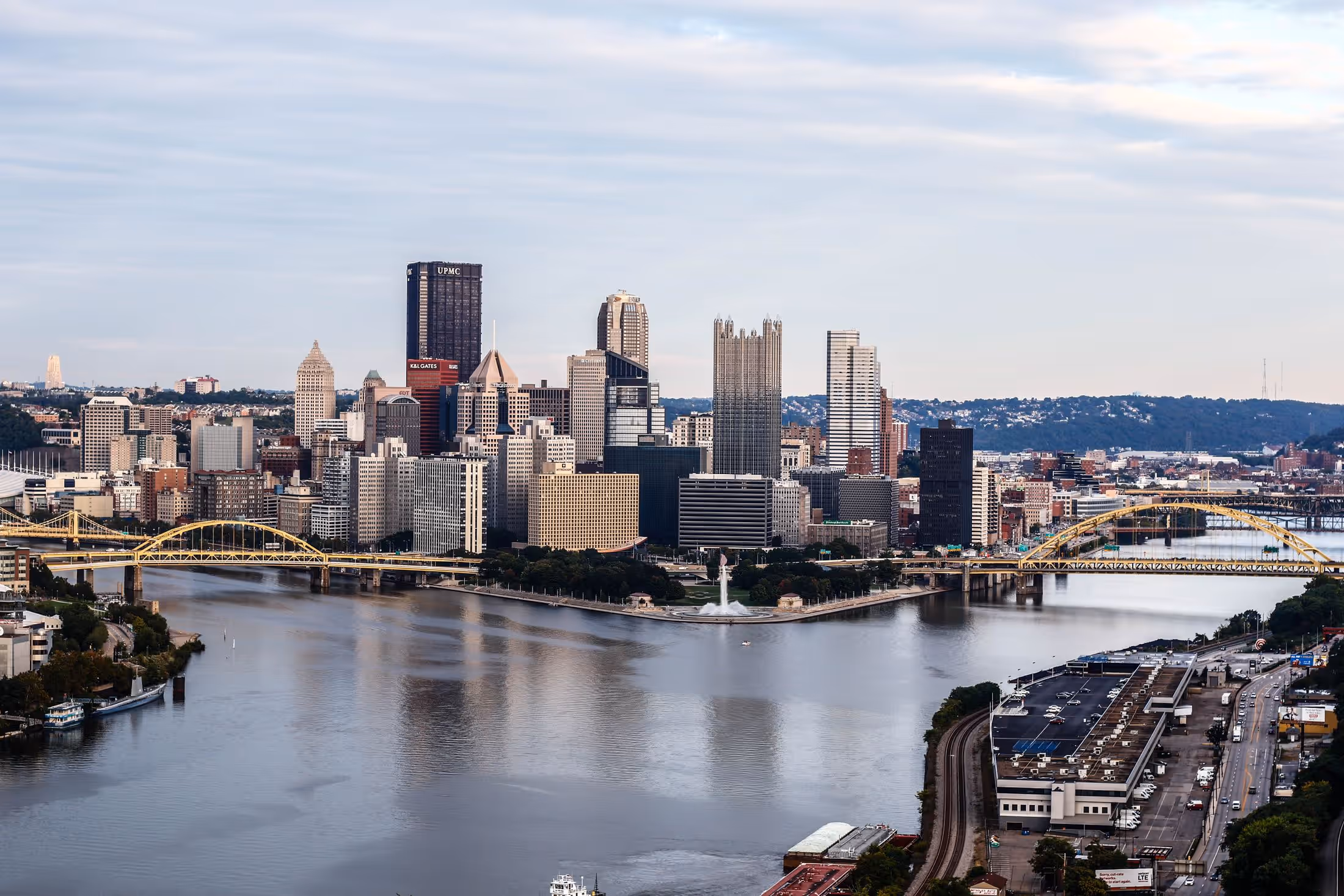 The Pittsburgh skyline where the three rivers meet